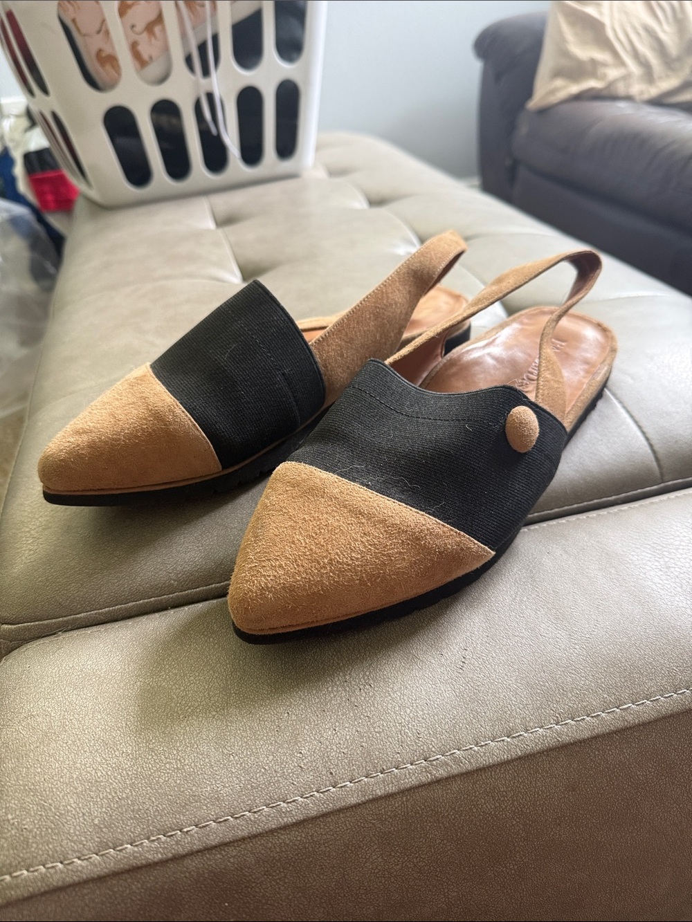 Two-Tone Black and Tan Slingback Flats